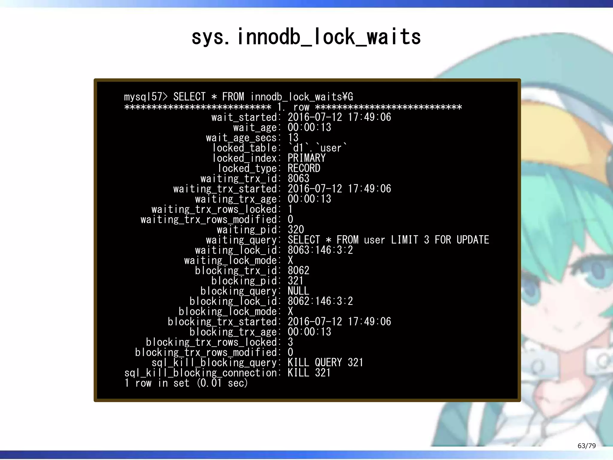 sys.innodb_lock_waits
mysql57> SELECT * FROM innodb_lock_waitsG
*************************** 1. row ***************************
wait_started: 2016-07-12 17:49:06
wait_age: 00:00:13
wait_age_secs: 13
locked_table: `d1`.`user`
locked_index: PRIMARY
locked_type: RECORD
waiting_trx_id: 8063
waiting_trx_started: 2016-07-12 17:49:06
waiting_trx_age: 00:00:13
waiting_trx_rows_locked: 1
waiting_trx_rows_modified: 0
waiting_pid: 320
waiting_query: SELECT * FROM user LIMIT 3 FOR UPDATE
waiting_lock_id: 8063:146:3:2
waiting_lock_mode: X
blocking_trx_id: 8062
blocking_pid: 321
blocking_query: NULL
blocking_lock_id: 8062:146:3:2
blocking_lock_mode: X
blocking_trx_started: 2016-07-12 17:49:06
blocking_trx_age: 00:00:13
blocking_trx_rows_locked: 3
blocking_trx_rows_modified: 0
sql_kill_blocking_query: KILL QUERY 321
sql_kill_blocking_connection: KILL 321
1 row in set (0.01 sec)
63/79
 