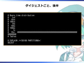 ダイジェストごと、後半
# Query_time distribution
# 1us
# 10us
# 100us
# 1ms
# 10ms
# 100ms
# 1s
# 10s+ ########################################################
########
# Tables
..
# EXPLAIN /*!50100 PARTITIONS*/
SELECT ..
11/79
 