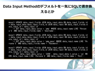Data Input Methodのデフォルトを⼀気にSQLで書き換
えるとか
mysql> UPDATE data_input_fields JOIN data_input_data ON data_input_fields.id
= data_input_data.data_input_field_id JOIN data_input ON data_input_fields.d
ata_input_id = data_input.id
-> SET data_input_data.value = 'pmp' WHERE data_input.name LIKE 'Percon
a %' AND data_input_fields.name = 'Username';
mysql> UPDATE data_input_fields JOIN data_input_data ON data_input_fields.id
= data_input_data.data_input_field_id JOIN data_input ON data_input_fields.d
ata_input_id = data_input.id
-> SET data_input_data.value = 'pmp_pass' WHERE data_input.name LIKE 'Pe
rcona %' AND data_input_fields.name = 'Password';
mysql> UPDATE data_input_fields JOIN data_input_data ON data_input_fields.id
= data_input_data.data_input_field_id JOIN data_input ON data_input_fields.d
ata_input_id = data_input.id
-> SET data_input_data.value = '3306', data_input_data.t_value = 'on' WH
ERE data_input.name LIKE 'Percona %' AND data_input_fields.name = 'Port';
35/79
 