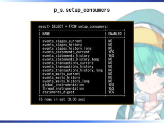 p_s.setup_consumers
mysql> SELECT * FROM setup_consumers;
+----------------------------------+---------+
| NAME | ENABLED |
+----------------------------------+---------+
| events_stages_current | NO |
| events_stages_history | NO |
| events_stages_history_long | NO |
| events_statements_current | YES |
| events_statements_history | YES |
| events_statements_history_long | NO |
| events_transactions_current | NO |
| events_transactions_history | NO |
| events_transactions_history_long | NO |
| events_waits_current | NO |
| events_waits_history | NO |
| events_waits_history_long | NO |
| global_instrumentation | YES |
| thread_instrumentation | YES |
| statements_digest | YES |
+----------------------------------+---------+
15 rows in set (0.00 sec)
54/79
 