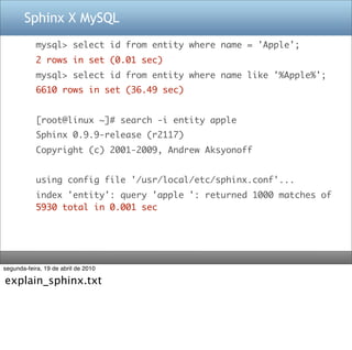 Sphinx X MySQL
            mysql> select id from entity where name = 'Apple';
            2 rows in set (0.01 sec)
            mysql> select id from entity where name like '%Apple%';
            6610 rows in set (36.49 sec)


            [root@linux ~]# search -i entity apple
            Sphinx 0.9.9-release (r2117)
            Copyright (c) 2001-2009, Andrew Aksyonoff


            using config file '/usr/local/etc/sphinx.conf'...
            index 'entity': query 'apple ': returned 1000 matches of
            5930 total in 0.001 sec




segunda-feira, 19 de abril de 2010

explain_sphinx.txt
 