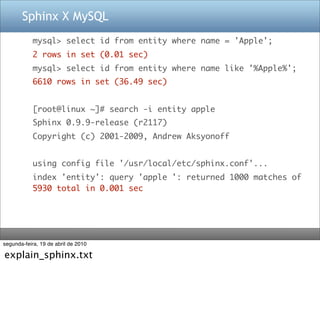 Sphinx X MySQL
            mysql> select id from entity where name = 'Apple';
            2 rows in set (0.01 sec)
       ...