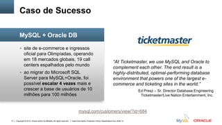 Copyright © 2012, Oracle and/or its affiliates. All rights reserved. Insert Information Protection Policy Classification from Slide 1217
 site de e-commerce e ingressos
oficial para Olimpíadas, operando
em 18 mercados globais, 19 call
centers espalhados pelo mundo
 ao migrar do Microsoft SQL
Server para MySQL+Oracle, foi
possível escalar 4 vezes mais e
crescer a base de usuários de 10
milhões para 100 milhões
Caso de Sucesso
MySQL + Oracle DB
“At Ticketmaster, we use MySQL and Oracle to
complement each other. The end result is a
highly-distributed, optimal-performing database
environment that powers one of the largest e-
commerce and ticketing sites in the world.”
Ed Presz – Sr. Director Database Engineering
Ticketmaster/Live Nation Entertainment, Inc.
mysql.com/customers/view/?id=684
 