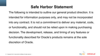 Copyright © 2012, Oracle and/or its affiliates. All rights reserved. Insert Information Protection Policy Classification from Slide 122
The following is intended to outline our general product direction. It is
intended for information purposes only, and may not be incorporated
into any contract. It is not a commitment to deliver any material, code,
or functionality, and should not be relied upon in making purchasing
decision. The development, release, and timing of any features or
functionality described for Oracle’s products remains at the sole
discretion of Oracle.
Safe Harbor Statement
 