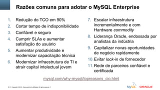 Copyright © 2012, Oracle and/or its affiliates. All rights reserved. Insert Information Protection Policy Classification from Slide 1220
Razões comuns para adotar o MySQL Enterprise
1. Redução do TCO em 90%
2. Cortar tempo de indisponibilidade
3. Confiável e seguro
4. Cumprir SLAs e aumentar
satisfação do usuário
5. Aumentar produtividade e
modernizar capacitação técnica
6. Modernizar infraestrutura de TI e
atrair capital intelectual jovem
7. Escalar infraestrutura
incrementalmente e com
Hardware commodity
8. Liderança Oracle, endossada por
analistas da indústria
9. Capitalizar novas oportunidades
de negócio rapidamente
10.Evitar lock-in de fornecedor
11.Rede de parceiros confiável e
certificada
mysql.com/why-mysql/topreasons_cio.html
 