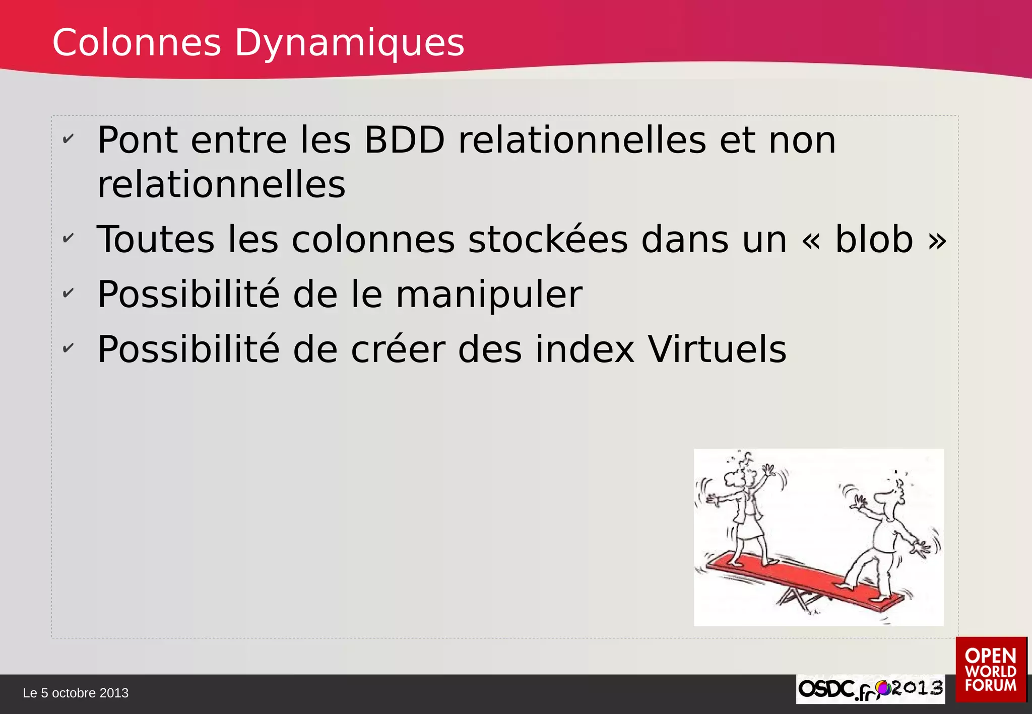 Le 5 octobre 2013
✔
Pont entre les BDD relationnelles et non
relationnelles
✔
Toutes les colonnes stockées dans un « blob »
✔
Possibilité de le manipuler
✔
Possibilité de créer des index Virtuels
Colonnes Dynamiques
 