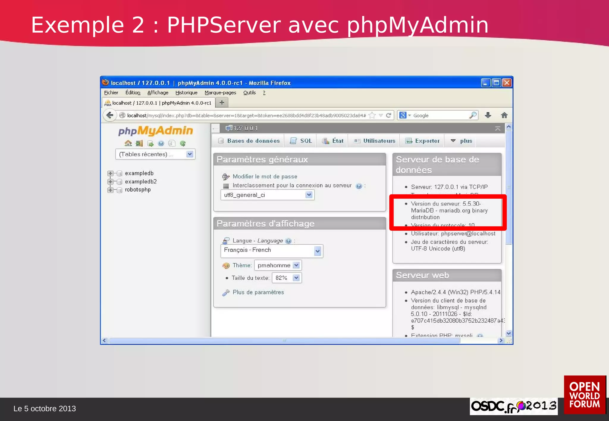 Le 5 octobre 2013
Exemple 2 : PHPServer avec phpMyAdmin
 