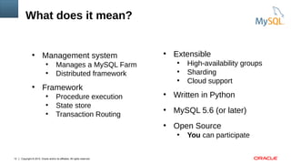 Copyright © 2015, Oracle and/or its affiliates. All rights reserved.12
What does it mean?
●
Management system
●
Manages a MySQL Farm
●
Distributed framework
●
Framework
●
Procedure execution
●
State store
●
Transaction Routing
●
Extensible
●
High-availability groups
●
Sharding
●
Cloud support
●
Written in Python
●
MySQL 5.6 (or later)
●
Open Source
●
You can participate
 