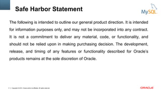 Copyright © 2015, Oracle and/or its affiliates. All rights reserved.2
The following is intended to outline our general product direction. It is intended
for information purposes only, and may not be incorporated into any contract.
It is not a commitment to deliver any material, code, or functionality, and
should not be relied upon in making purchasing decision. The development,
release, and timing of any features or functionality described for Oracle’s
products remains at the sole discretion of Oracle.
Safe Harbor Statement
 
