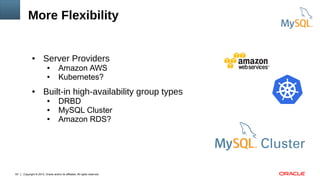 Copyright © 2015, Oracle and/or its affiliates. All rights reserved.63
More Flexibility
● Server Providers
● Amazon AWS
● Kubernetes?
● Built-in high-availability group types
● DRBD
● MySQL Cluster
● Amazon RDS?
 