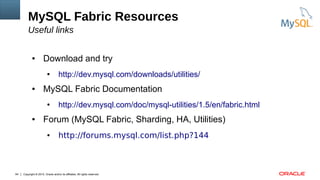 Copyright © 2015, Oracle and/or its affiliates. All rights reserved.64
MySQL Fabric Resources
Useful links
● Download and try
● http://dev.mysql.com/downloads/utilities/
● MySQL Fabric Documentation
● http://dev.mysql.com/doc/mysql-utilities/1.5/en/fabric.html
● Forum (MySQL Fabric, Sharding, HA, Utilities)
● http://forums.mysql.com/list.php?144
 