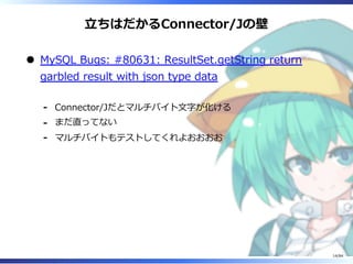 ⽴ちはだかるConnector/Jの壁
MySQL Bugs: #80631: ResultSet.getString return
garbled result with json type data
Connector/Jだとマルチバイト⽂字が化ける-
まだ直ってない-
マルチバイトもテストしてくれよおおおお-
14/84
 