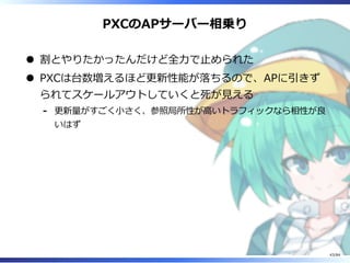PXCのAPサーバー相乗り
割とやりたかったんだけど全⼒で⽌められた
PXCは台数増えるほど更新性能が落ちるので、APに引きず
られてスケールアウトしていくと死が⾒える
更新量がすごく⼩さく、参照局所性が⾼いトラフィックなら相性が良
いはず
-
43/84
 