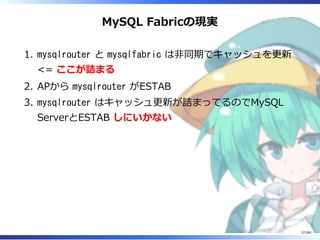 MySQL Fabricの現実
mysqlrouter と mysqlfabric は非同期でキャッシュを更新
<= ここが詰まる
1.
APから mysqlrouter がESTAB2.
mysqlrouter はキャッシュ更新が詰まってるのでMySQL
ServerとESTAB しにいかない
3.
57/84
 