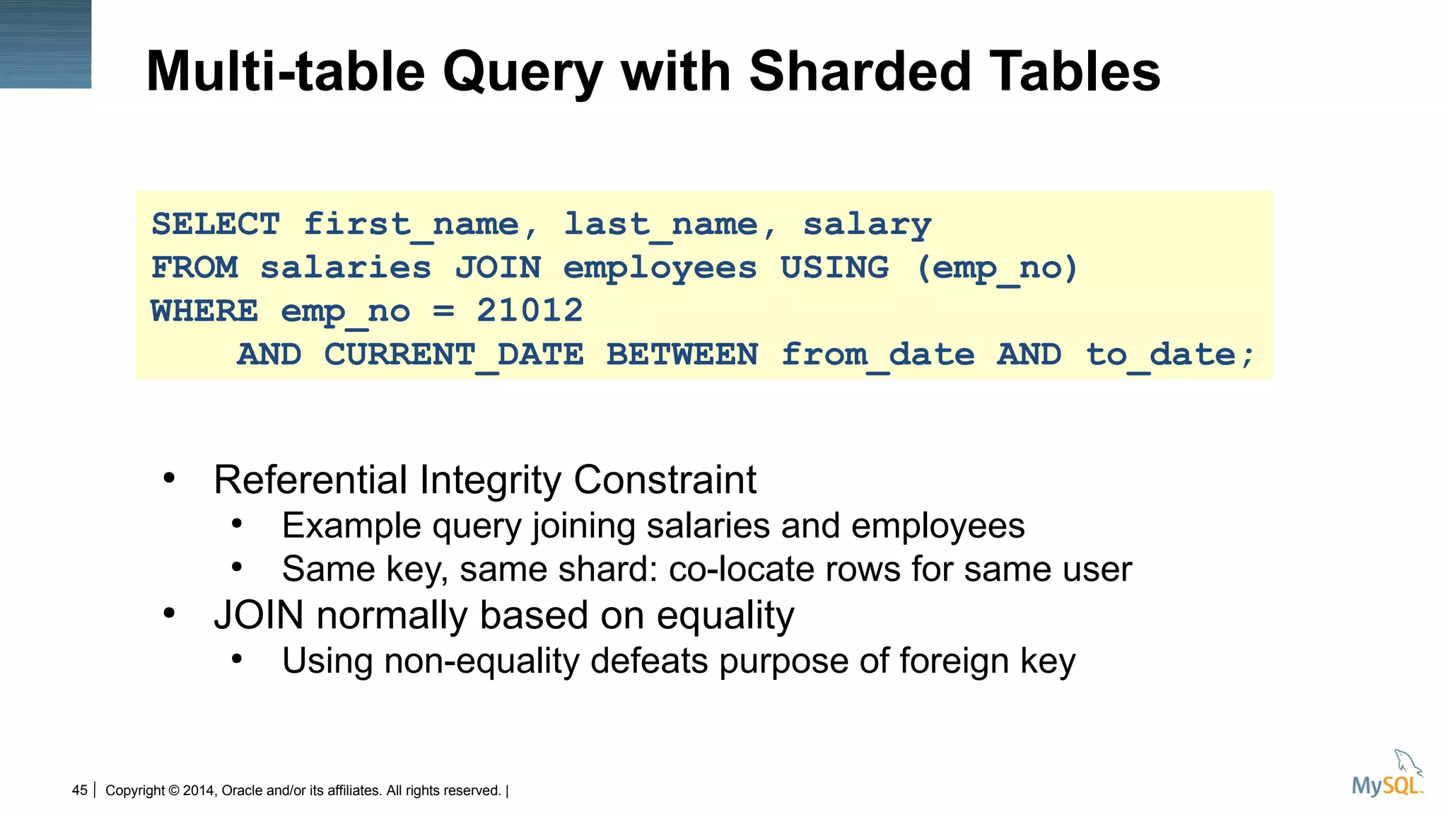 Copyright © 2014, Oracle and/or its affiliates. All rights reserved. |45
Multi-table Query with Sharded Tables
●
Referential Integrity Constraint
●
Example query joining salaries and employees
●
Same key, same shard: co-locate rows for same user
●
JOIN normally based on equality
●
Using non-equality defeats purpose of foreign key
SELECT first_name, last_name, salary
FROM salaries JOIN employees USING (emp_no)
WHERE emp_no = 21012
AND CURRENT_DATE BETWEEN from_date AND to_date;
 