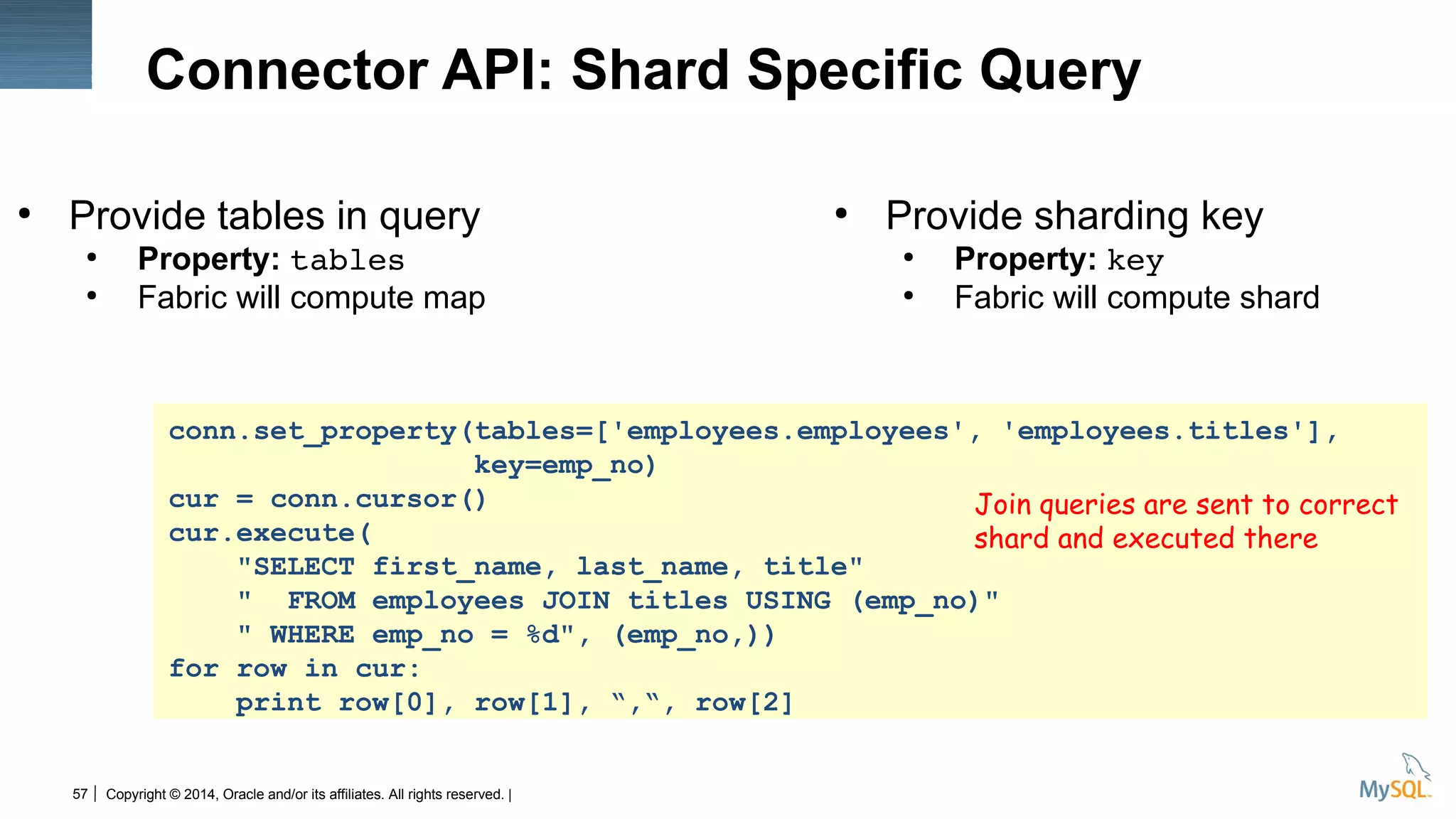 Copyright © 2014, Oracle and/or its affiliates. All rights reserved. |57
Connector API: Shard Specific Query
●
Provide tables in query
●
Property: tables
●
Fabric will compute map
●
Provide sharding key
●
Property: key
●
Fabric will compute shard
conn.set_property(tables=['employees.employees', 'employees.titles'],
key=emp_no)
cur = conn.cursor()
cur.execute(
"SELECT first_name, last_name, title"
" FROM employees JOIN titles USING (emp_no)"
" WHERE emp_no = %d", (emp_no,))
for row in cur:
print row[0], row[1], “,“, row[2]
Join queries are sent to correct
shard and executed there
 