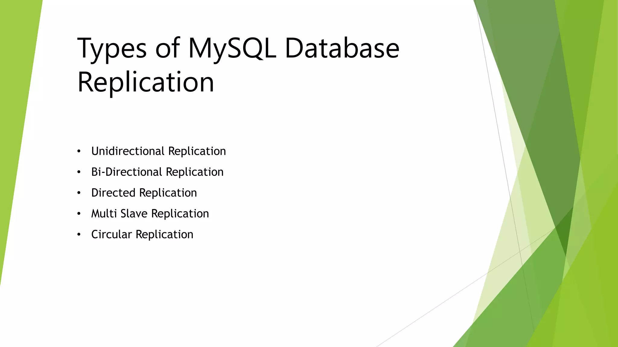 Types of MySQL Database 
Replication 
• Unidirectional Replication 
• Bi-Directional Replication 
• Directed Replication 
• Multi Slave Replication 
• Circular Replication 
 