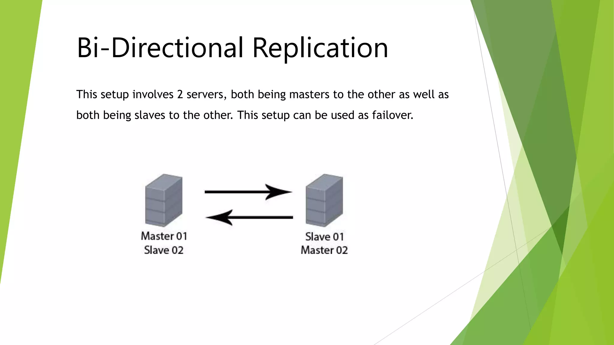 Bi-Directional Replication 
This setup involves 2 servers, both being masters to the other as well as 
both being slaves to the other. This setup can be used as failover. 
 