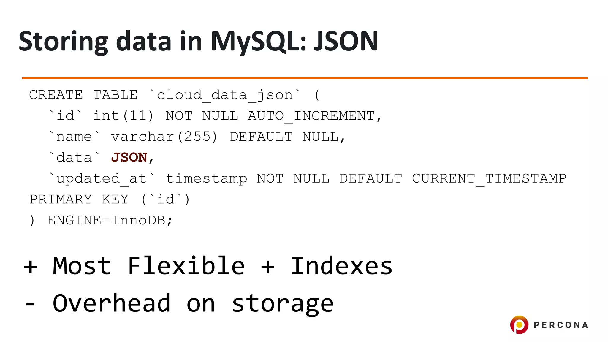 CREATE TABLE `cloud_data_json` (
`id` int(11) NOT NULL AUTO_INCREMENT,
`name` varchar(255) DEFAULT NULL,
`data` JSON,
`updated_at` timestamp NOT NULL DEFAULT CURRENT_TIMESTAMP
PRIMARY KEY (`id`)
) ENGINE=InnoDB;
+ Most Flexible + Indexes
- Overhead on storage
 