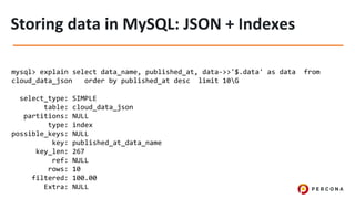mysql> explain select data_name, published_at, data->>'$.data' as data from
cloud_data_json order by published_at desc limit 10G
select_type: SIMPLE
table: cloud_data_json
partitions: NULL
type: index
possible_keys: NULL
key: published_at_data_name
key_len: 267
ref: NULL
rows: 10
filtered: 100.00
Extra: NULL
 