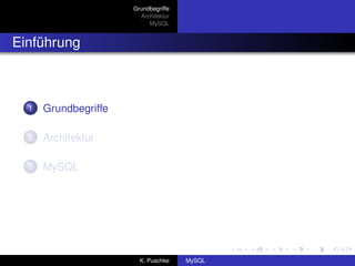 Grundbegriffe
                        Architektur
                           MySQL


Einführung



  1   Grundbegriffe

  2   Architektur

  3   MySQL




                        K. Puschke    MySQL
 