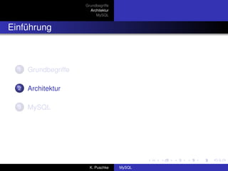 Grundbegriffe
                        Architektur
                           MySQL


Einführung



  1   Grundbegriffe

  2   Architektur

  3   MySQL




                        K. Puschke    MySQL
 