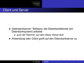 Grundbegriffe
                         Architektur
                            MySQL


Client und Server




     Datenbankserver : Software, die Datenbankdienste (ein
     Datenbanksystem) anbietet
         auch der Rechner, auf dem dieser Dienst läuft
     Anwendung oder Client greift auf den Datenbankserver zu




                         K. Puschke    MySQL
 