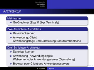 Grundbegriffe
                          Architektur
                             MySQL


Architektur
  Mainframe
      Großrechner (Zugriff über Terminals)

  Zwei-Schichten-Architektur
      Datenbankserver
      Anwendung, Client
      Anwendungslogik und Darstellung/Benutzeroberﬂäche

  Drei-Schichten-Architektur
       Datenbankserver
      Anwendung (Anwendungslogik)
      Webserver oder Anwendungsserver (Darstellung)
      Browser oder Client des Anwendugnsservers
                          K. Puschke    MySQL
 