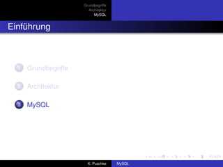 Grundbegriffe
                        Architektur
                           MySQL


Einführung



  1   Grundbegriffe

  2   Architektur

  3   MySQL




                        K. Puschke    MySQL
 