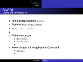 Grundbegriffe
                            Architektur
                               MySQL


MySQL
Clients und Anwendungen


        Kommandozeilenclient mysql
        Webinterface phpmyadmin
        MySQL GUI Tools
        ...
        Webanwendungen
             MediaWiki
             WordPress
             ...
        Anwendungen mit eingebetteter Datenbank
             Zimbra
             ...


                            K. Puschke    MySQL
 