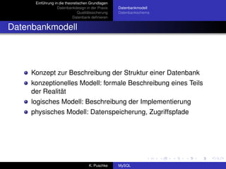 Einführung in die theoretischen Grundlagen
                   Datenbankdesign in der Praxis     Datenbankmodell
                                Qualitätssicherung   Datenbankschema
                            Datenbank deﬁnieren


Datenbankmodell




     Konzept zur Beschreibung der Struktur einer Datenbank
     konzeptionelles Modell: formale Beschreibung eines Teils
     der Realität
     logisches Modell: Beschreibung der Implementierung
     physisches Modell: Datenspeicherung, Zugriffspfade




                                      K. Puschke     MySQL
 