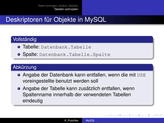 Daten eintragen, ändern, löschen
                             Tabellen verknüpfen



Deskriptoren für Objekte in MySQL

  Vollständig
      Tabelle: Datenbank.Tabelle
      Spalte: Datenbank.Tabelle.Spalte

  Abkürzung
      Angabe der Datenbank kann entfallen, wenn die mit USE
      voreingestellte benutzt werden soll
      Angabe der Tabelle kann zusätzlich entfallen, wenn
      Spaltenname innerhalb der verwendeten Tabellen
      eindeutig


                                     K. Puschke    MySQL
 