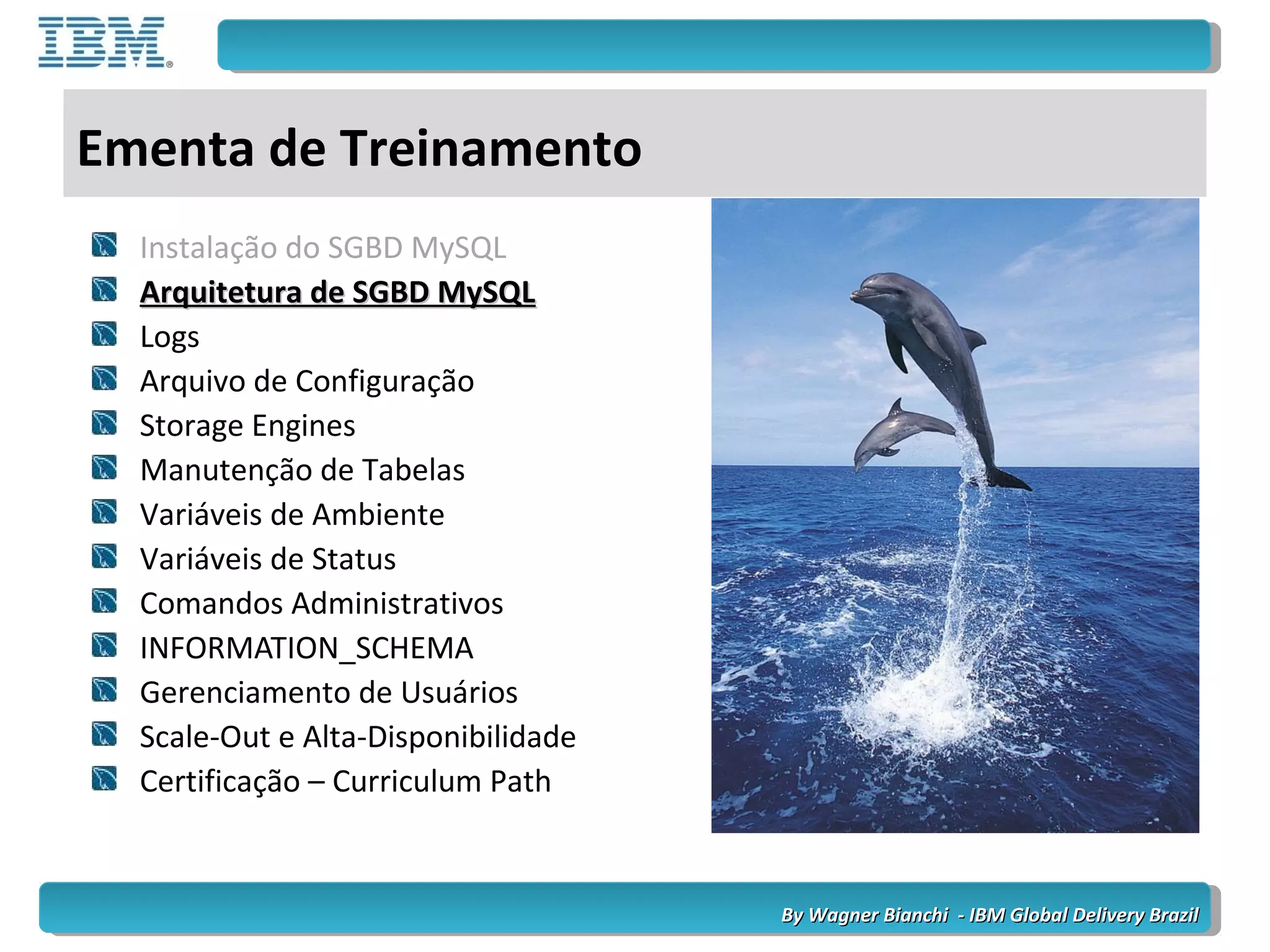 By Wagner Bianchi - IBM Global Delivery BrazilBy Wagner Bianchi - IBM Global Delivery Brazil
Ementa de Treinamento
Instalação do SGBD MySQL
Arquitetura de SGBD MySQLArquitetura de SGBD MySQL
Logs
Arquivo de Configuração
Storage Engines
Manutenção de Tabelas
Variáveis de Ambiente
Variáveis de Status
Comandos Administrativos
INFORMATION_SCHEMA
Gerenciamento de Usuários
Scale-Out e Alta-Disponibilidade
Certificação – Curriculum Path
 