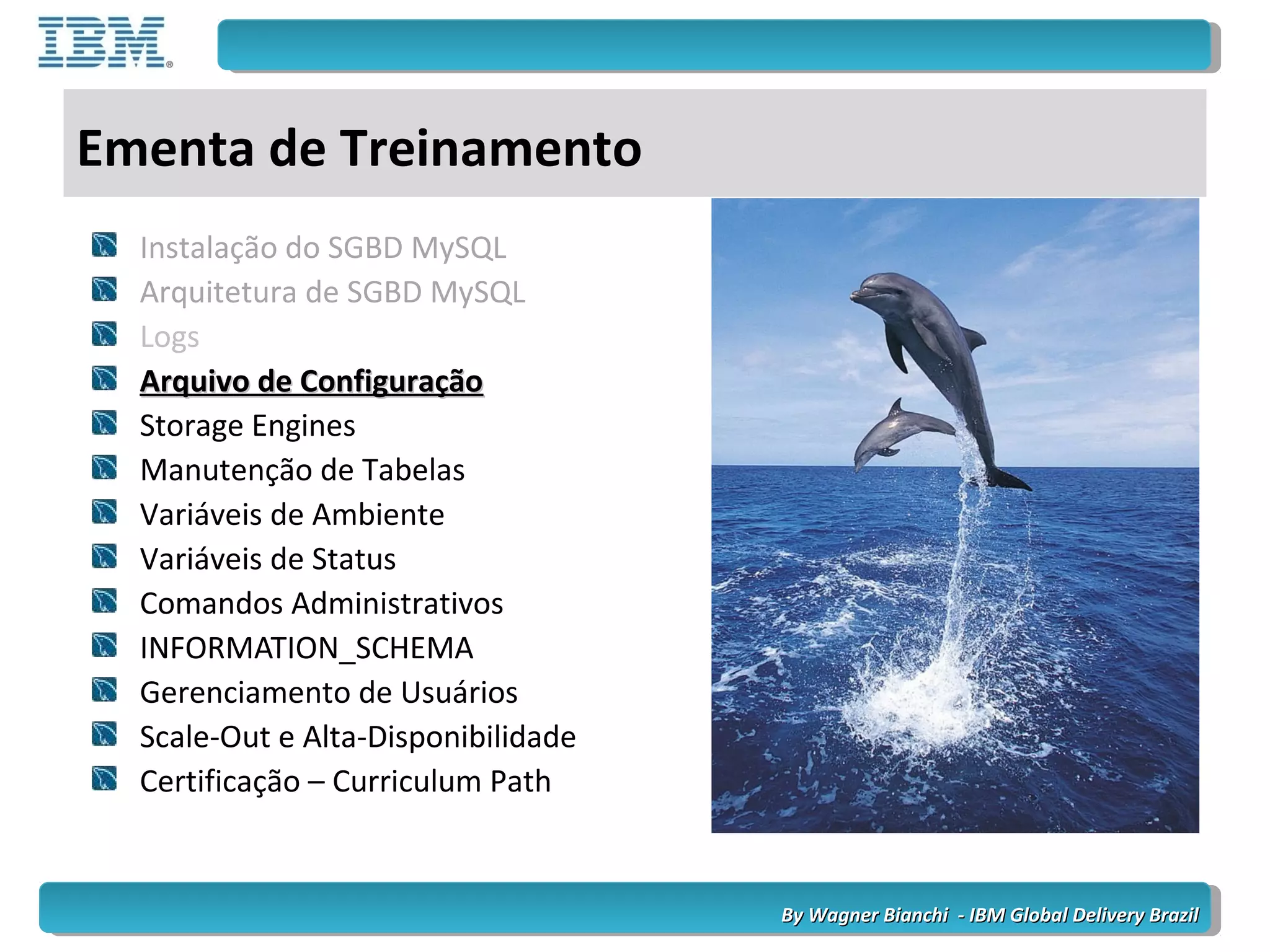 By Wagner Bianchi - IBM Global Delivery BrazilBy Wagner Bianchi - IBM Global Delivery Brazil
Ementa de Treinamento
Instalação do SGBD MySQL
Arquitetura de SGBD MySQL
Logs
Arquivo de ConfiguraçãoArquivo de Configuração
Storage Engines
Manutenção de Tabelas
Variáveis de Ambiente
Variáveis de Status
Comandos Administrativos
INFORMATION_SCHEMA
Gerenciamento de Usuários
Scale-Out e Alta-Disponibilidade
Certificação – Curriculum Path
 