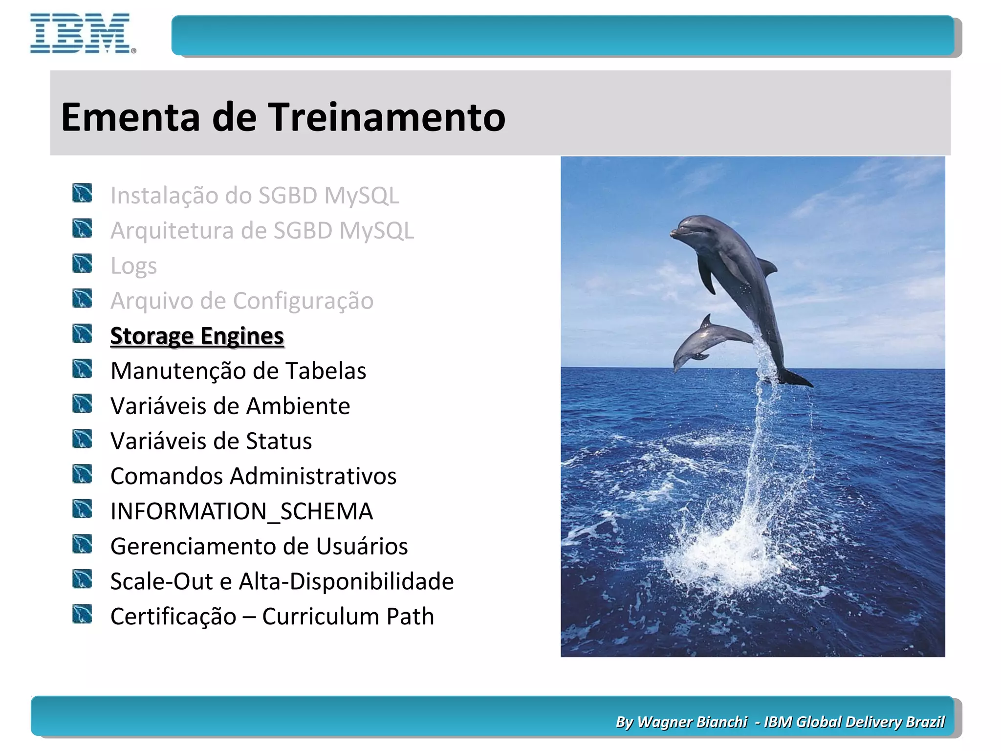 By Wagner Bianchi - IBM Global Delivery BrazilBy Wagner Bianchi - IBM Global Delivery Brazil
Ementa de Treinamento
Instalação do SGBD MySQL
Arquitetura de SGBD MySQL
Logs
Arquivo de Configuração
Storage EnginesStorage Engines
Manutenção de Tabelas
Variáveis de Ambiente
Variáveis de Status
Comandos Administrativos
INFORMATION_SCHEMA
Gerenciamento de Usuários
Scale-Out e Alta-Disponibilidade
Certificação – Curriculum Path
 
