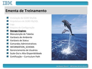 By Wagner Bianchi - IBM Global Delivery BrazilBy Wagner Bianchi - IBM Global Delivery Brazil
Ementa de Treinamento
Instalação do SGBD MySQL
Arquitetura de SGBD MySQL
Logs
Arquivo de Configuração
Storage EnginesStorage Engines
Manutenção de Tabelas
Variáveis de Ambiente
Variáveis de Status
Comandos Administrativos
INFORMATION_SCHEMA
Gerenciamento de Usuários
Scale-Out e Alta-Disponibilidade
Certificação – Curriculum Path
 