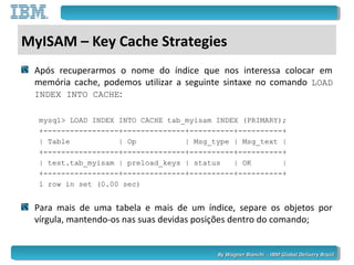 By Wagner Bianchi - IBM Global Delivery BrazilBy Wagner Bianchi - IBM Global Delivery Brazil
MyISAM – Key Cache Strategies
Após recuperarmos o nome do índice que nos interessa colocar em
memória cache, podemos utilizar a seguinte sintaxe no comando LOAD
INDEX INTO CACHE:
mysql> LOAD INDEX INTO CACHE tab_myisam INDEX (PRIMARY);
+-----------------+--------------+----------+----------+
| Table | Op | Msg_type | Msg_text |
+-----------------+--------------+----------+----------+
| test.tab_myisam | preload_keys | status | OK |
+-----------------+--------------+----------+----------+
1 row in set (0.00 sec)
Para mais de uma tabela e mais de um índice, separe os objetos por
vírgula, mantendo-os nas suas devidas posições dentro do comando;
 