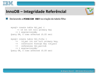 By Wagner Bianchi - IBM Global Delivery BrazilBy Wagner Bianchi - IBM Global Delivery Brazil
InnoDB – Integridade Referêncial
Declarando a FOREIGN KEYFOREIGN KEY na criação da tabela filha:
mysql> create table tbl_pai (
-> id int not null primary key
-> ) engine=innodb;
Query OK, 0 rows affected (0.02 sec)
mysql> create table tbl_filha (
-> id_pai int not null primary key,
-> constraint foreign key (id_pai)
-> references tbl_pai(id)
-> ) engine=innodb;
Query OK, 0 rows affected (0.00 sec)
 