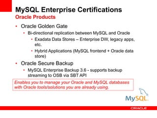 • Oracle Golden Gate
• Bi-directional replication between MySQL and Oracle
• Exadata Data Stores – Enterprise DW, legacy a...