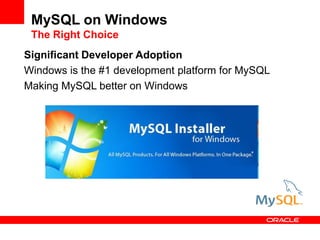 Significant Developer Adoption
Windows is the #1 development platform for MySQL
Making MySQL better on Windows
MySQL on Wi...