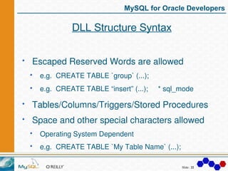 MySQL for Oracle Developers

           DLL Structure Syntax


Escaped Reserved Words are allowed
 e.g.  CREATE TABLE `gro...