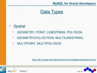 MySQL for Oracle Developers

                  Data Types


Spatial
  GEOMETRY, POINT, LINESTRING, POLYGON,
  GEOMETRYCOLL...