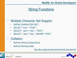 MySQL for Oracle Developers

                 String Functions


Multiple Character Set Support
  SHOW CHARACTER SET;
  SE...