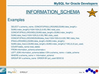 MySQL for Oracle Developers

                  INFORMATION_SCHEMA                                                        I...