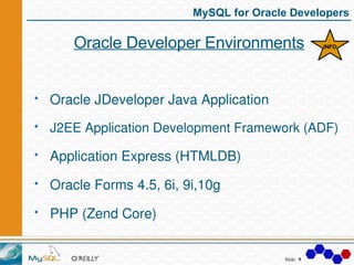 MySQL for Oracle Developers

   Oracle Developer Environments                 INFO




Oracle JDeveloper Java Application
...