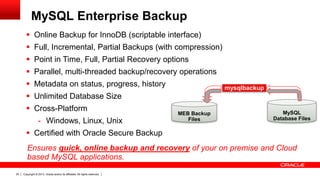 Copyright © 2013, Oracle and/or its affiliates. All rights reserved.20
 Online Backup for InnoDB (scriptable interface)
 Full, Incremental, Partial Backups (with compression)
 Point in Time, Full, Partial Recovery options
 Parallel, multi-threaded backup/recovery operations
 Metadata on status, progress, history
 Unlimited Database Size
 Cross-Platform
- Windows, Linux, Unix
 Certified with Oracle Secure Backup
MEB Backup
Files
MySQL
Database Files
mysqlbackup
Ensures quick, online backup and recovery of your on premise and Cloud
based MySQL applications.
MySQL Enterprise Backup
 