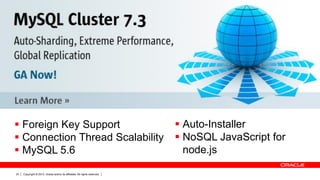Copyright © 2013, Oracle and/or its affiliates. All rights reserved.23
 Foreign Key Support
 Connection Thread Scalability
 MySQL 5.6
 Auto-Installer
 NoSQL JavaScript for
node.js
 