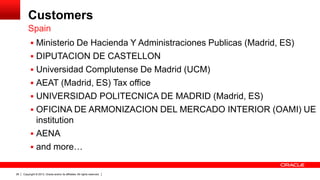 Copyright © 2013, Oracle and/or its affiliates. All rights reserved.28
Customers
 Ministerio De Hacienda Y Administraciones Publicas (Madrid, ES)
 DIPUTACION DE CASTELLON
 Universidad Complutense De Madrid (UCM)
 AEAT (Madrid, ES) Tax office
 UNIVERSIDAD POLITECNICA DE MADRID (Madrid, ES)
 OFICINA DE ARMONIZACION DEL MERCADO INTERIOR (OAMI) UE
institution
 AENA
 and more…
Spain
 