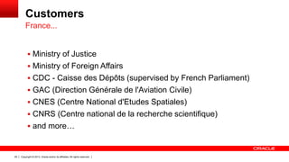 Copyright © 2013, Oracle and/or its affiliates. All rights reserved.29
Customers
 Ministry of Justice
 Ministry of Foreign Affairs
 CDC - Caisse des Dépôts (supervised by French Parliament)
 GAC (Direction Générale de l'Aviation Civile)
 CNES (Centre National d'Etudes Spatiales)
 CNRS (Centre national de la recherche scientifique)
 and more…
France...
 