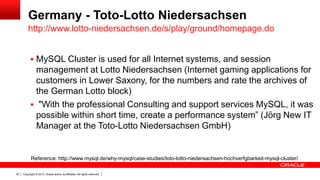 Copyright © 2013, Oracle and/or its affiliates. All rights reserved.32
Germany - Toto-Lotto Niedersachsen
 MySQL Cluster is used for all Internet systems, and session
management at Lotto Niedersachsen (Internet gaming applications for
customers in Lower Saxony, for the numbers and rate the archives of
the German Lotto block)
 "With the professional Consulting and support services MySQL, it was
possible within short time, create a performance system” (Jörg New IT
Manager at the Toto-Lotto Niedersachsen GmbH)
http://www.lotto-niedersachsen.de/s/play/ground/homepage.do
Reference: http://www.mysql.de/why-mysql/case-studies/toto-lotto-niedersachsen-hochverfgbarkeit-mysql-cluster/
 